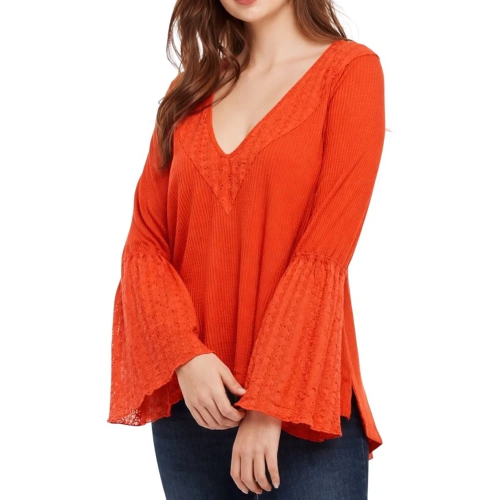 Free People Parisian Nights Top Women S M Orange Eyelet Bell Sleeve Boho 70s